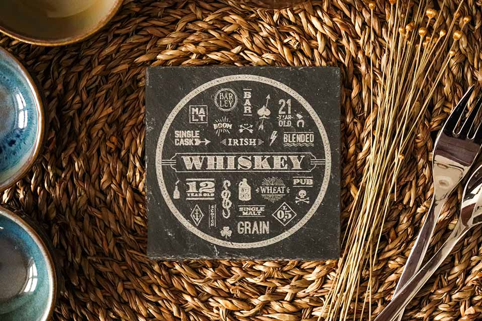 Schiefer-Untersetzer "Whiskey & Icons"